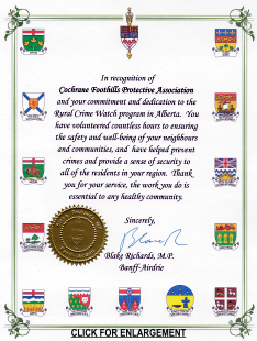 MP Blake Richards presented a certificate in recognition of the Association's commitment and dedication to the Rural Crime Watch program in Alberta.